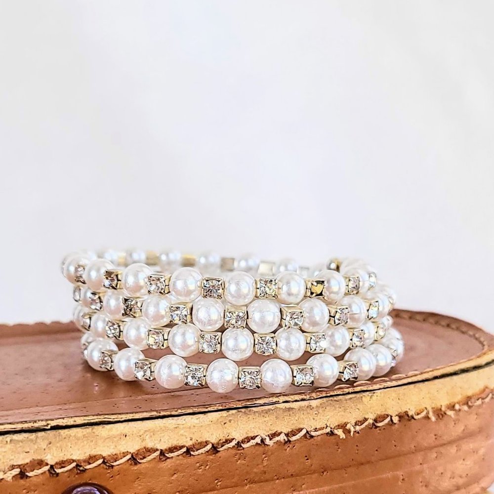 Pearl and Rhinestone Silver Coil Bracelet